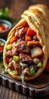 Tasty wrap filled with grilled chicken, fresh vegetables, and sauces at a rustic table setting photo