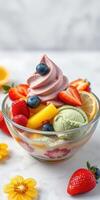 Colorful fruit dessert with creamy soft serve and fresh berries served in a glass bowl at a summer gathering photo