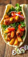 Delicious wrap filled with crispy fries, fresh vegetables, and savory sausages on a wooden table photo