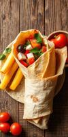 Delicious wrap filled with fresh vegetables and served with crispy fries on a wooden table photo