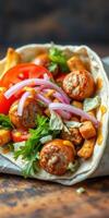delicioso salchicha envolver con Fresco vegetales y salsa preparado en un acogedor cocina ajuste foto