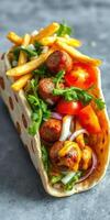 Delicious wrap filled with meatballs, fresh vegetables, and golden fries served on a gray surface photo