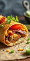 Deliciously wrapped burrito filled with grilled meat, cheese, and fresh vegetables on a rustic surface photo