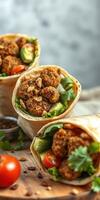 Delicious falafel wraps filled with fresh vegetables and herbs served on a wooden board photo