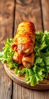 Delicious stuffed rolls topped with savory sauce on a bed of fresh lettuce photo