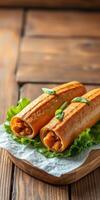 Delicious rolled tortillas filled with savory ingredients served on a wooden platter photo