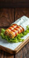 Delicious rolled wraps filled with savory ingredients served on crisp lettuce at a cozy restaurant photo