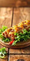 Savory meat-filled roll topped with melted cheese on a wooden platter with fresh greens photo
