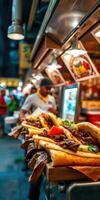 Street vendor serves delicious sandwiches in a bustling night market filled with vibrant food stalls and eager customers photo