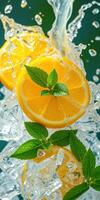 Fresh lemon slices splashing into ice water with mint leaves in a vibrant setting photo