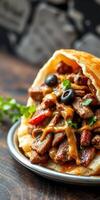 Deliciously prepared beef wrap with cheese sauce, olives, and fresh herbs on a wooden table photo