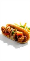 Delicious grilled chicken sandwich with colorful vegetables and crispy fries on a white background photo