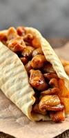 Delicious grilled chicken wrap filled with savory ingredients, served on a rustic wooden table photo