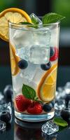 Refreshing summer drink with berries and lemon served in a tall glass with ice photo