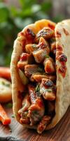 Savory grilled chicken wrapped in warm flatbread with fresh vegetables and rich sauce photo