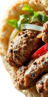 Delicious meatballs served in a fresh pita with vegetables and herbs at a vibrant food market photo