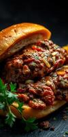 Juicy savory sandwich filled with flavorful meat and vibrant vegetables on a rustic table photo