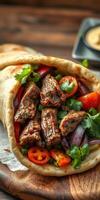 Delicious beef wrap filled with fresh vegetables and spices served on a wooden board photo