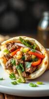 Mouthwatering beef taco filled with fresh vegetables and herbs on a plate photo