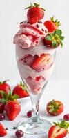Indulge in a delicious strawberry ice cream dessert with fresh berries and chocolate chips on a sunny day photo