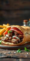 Savory sandwich filled with spiced meat, fresh vegetables, and herbs on a wooden table photo