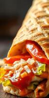 Freshly made sandwich overflowing with colorful vegetables and delicious sauces at a rustic diner photo