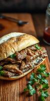 Mouthwatering sandwich loaded with tender meat and herbs on a rustic wooden board photo