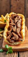 Delicious sandwich filled with savory meat and served with crispy fries on a rustic wooden table photo