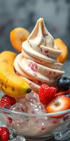 Delicious dessert bowl with creamy soft serve and fresh fruits at a summer gathering photo