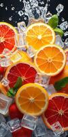Fresh citrus fruits and ice cubes creating a vibrant, refreshing composition in a cool setting photo