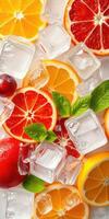 Colorful citrus fruits with ice cubes and mint on a light background for refreshing summer drinks photo