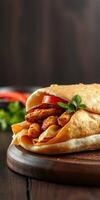Savory wrap filled with seasoned chicken, fresh vegetables, and herbs on a wooden board photo