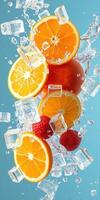 Fresh fruits and ice cubes splash in vibrant background creating a refreshing summer beverage photo
