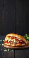 Delicious sandwich filled with savory ingredients resting on a wooden board photo