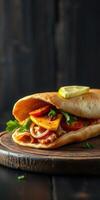 Delicious flatbread filled with grilled chicken, fresh vegetables, and a lime wedge in a dark setting photo