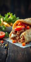 Delicious burrito filled with seasoned meat, fresh vegetables, and creamy sauce displayed on a rustic wooden table photo