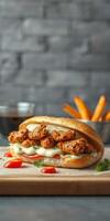 Delicious fried chicken sandwich with mayo and fresh vegetables served with sweet potato fries photo