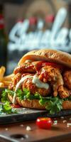 Delicious chicken sandwich served with fries is topped with sauces and fresh greens in a vibrant setting photo
