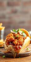 Fried chicken sandwich topped with sauce and garnished with onions and herbs served with fries photo