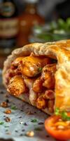 Delicious wrap filled with seasoned chicken, beans, and melted cheese served with fresh herbs and spices photo