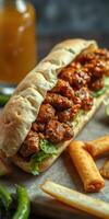 Delicious sandwich filled with spicy chicken and fresh greens served with crispy snacks at a cozy diner photo