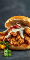 Crispy fried chicken sandwich topped with creamy sauce and garnished with fresh herbs on a dark background photo