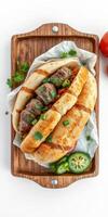 Delicious grilled meat sandwich served on a wooden board with fresh toppings and garnishes photo