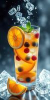 Refreshing summer drink with vibrant fruits and ice cubes set against a cool background photo
