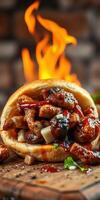 Grilled meat wrap filled with smoky flavors, served against a vibrant flame backdrop photo