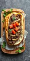 Savory meat sandwich topped with fresh vegetables served on a wooden board for an enticing meal photo