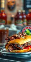 Delicious sandwich with grilled meat and fresh ingredients served in a lively restaurant setting photo