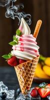 Delicious swirled ice cream cone topped with fresh strawberries and mint on a dark background photo