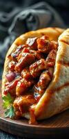 Juicy grilled meat wrapped in warm flatbread served with savory sauce and fresh herbs at a bustling street food market photo