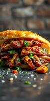 Mouthwatering sandwich piled with tender grilled meat, sauce, and fresh herbs served on toasted bread photo
